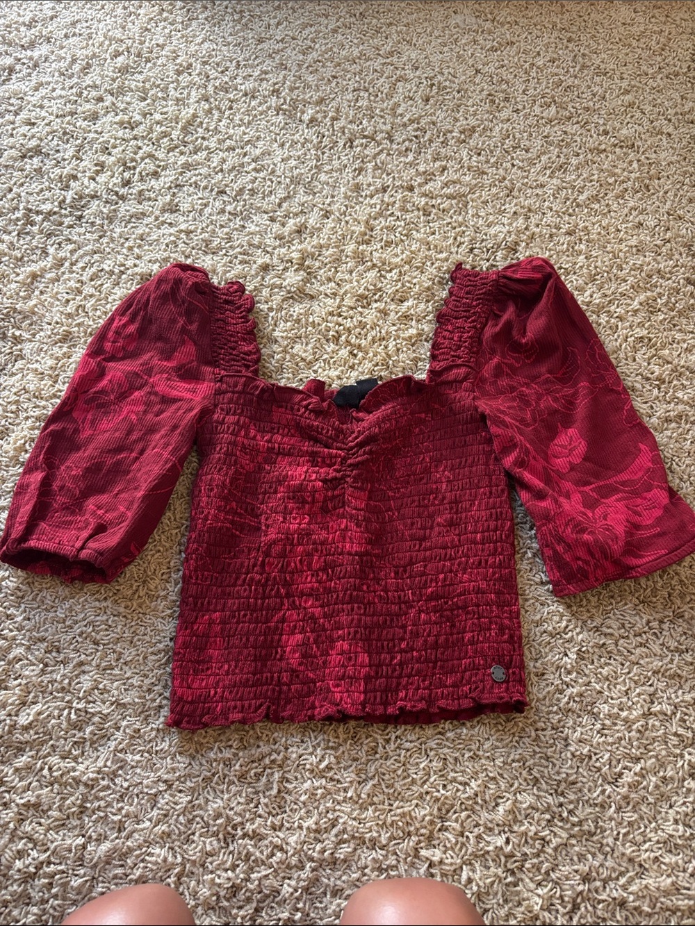 Roxy Red Smocked Puff-Sleeve Top